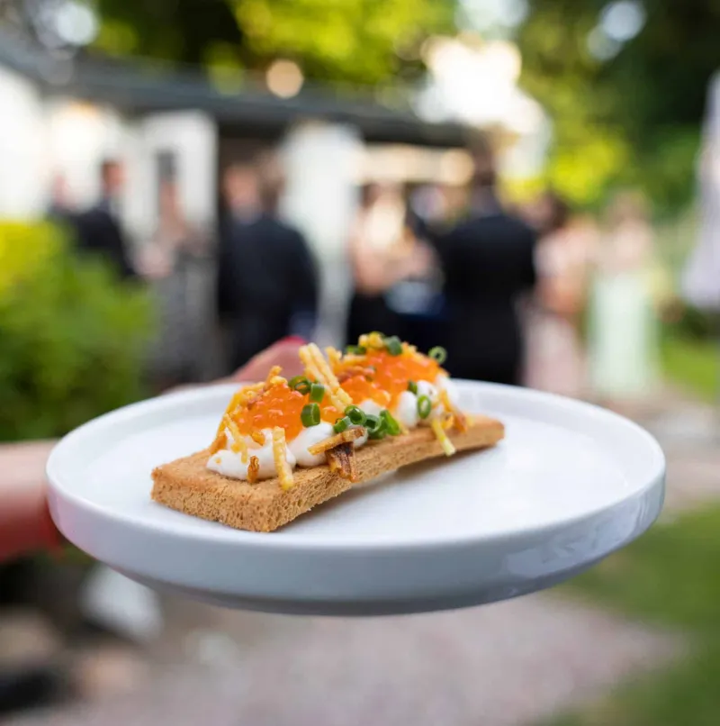 Toast with cream cheese and salmon roe, served at a garden party